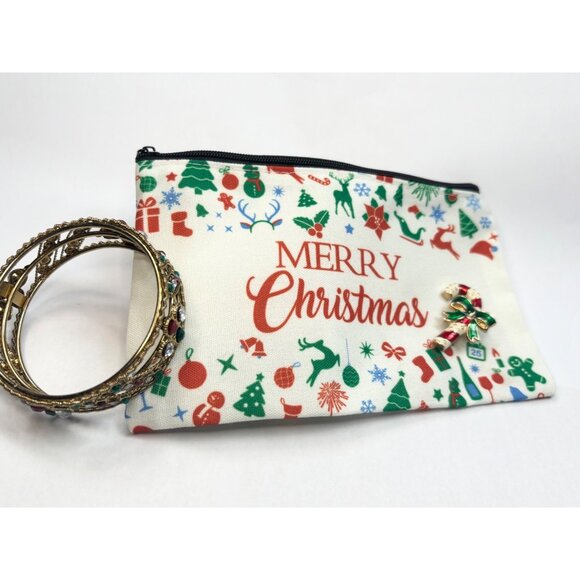 Merry Christmas Pouch W/Gold Bangles & Candy Cane Brooch Set - Picture 6 of 6